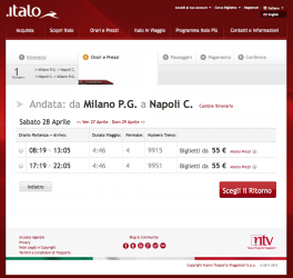 Una delle schermate del sito di Italo con le relazioni Milano–Napoli. (copyright NTV)