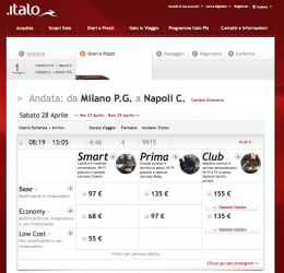 Una delle schermate del sito di Italo con le relazioni Milano–Napoli con l'offerta commerciale. (copyright NTV)
